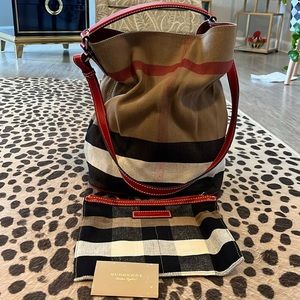 Burberry Canvas HOBO W/Red Leather Trim